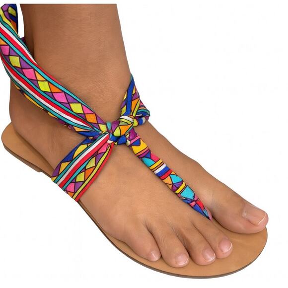 Trina Turk sandals gladiator Navajo print satin material bright colors NEW 9.5 - Picture 1 of 6